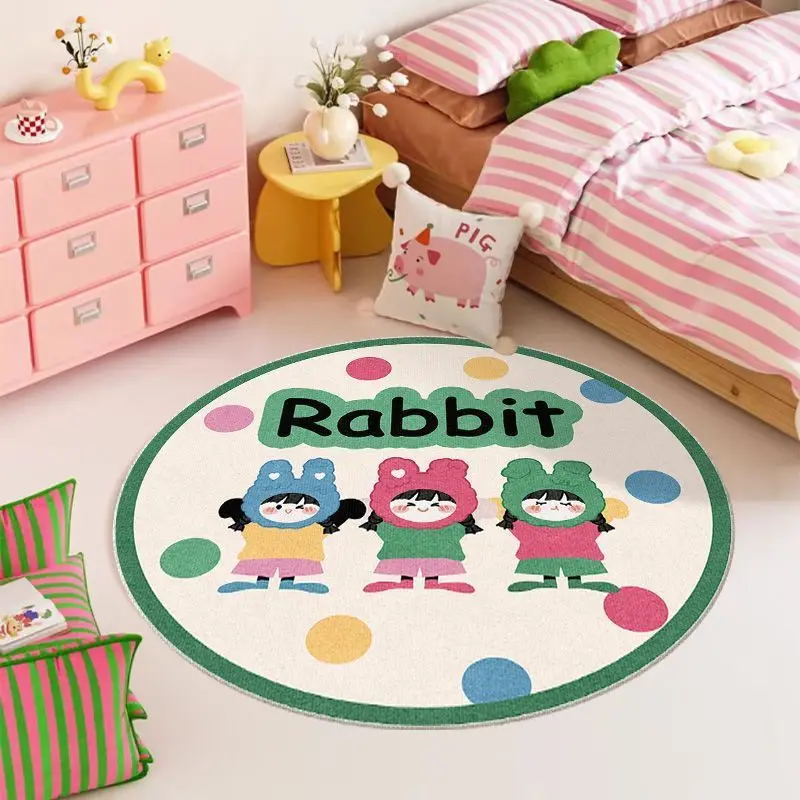 Cute Rabbit Girl Round Rug Colorful Dot Print NonSlip Floor Mat for Kids Room Nursery Bedroom Playroom Home Decor Rugs