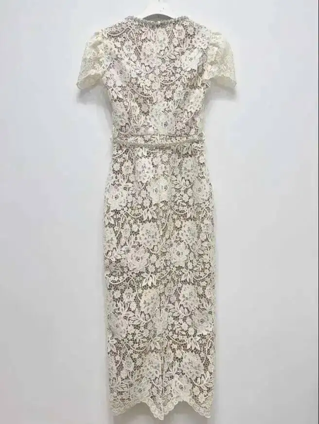 Brand Diamond Lace Prom Dress Women 2025 Summer Short Sleeve Crystal Chain Sheath Bodycon Evening Party Midi Long Dresses Runway