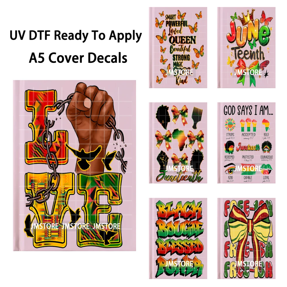 God Says She Is Black History Juneteenth UV DTF Notebook Cover Decal Ready To Apply Custom Transfer Sticker For A5 Journal Cover