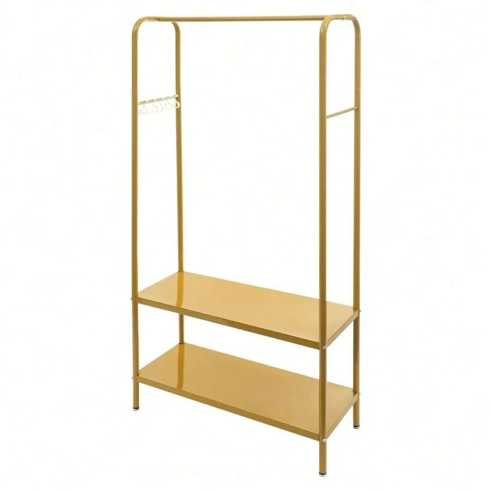 Modern Gold Clothes Rack with Bottom Shelves and 6 Hooks, Heavy Duty Floor Standing Garment Rack Coat Tree, Adjustable Pads, Metal Clothing Storage Organizer for Hanging Coats Jackets Hats Bags Towels, Freestanding Wardrobe Rack for Entryway Bedroom view 6