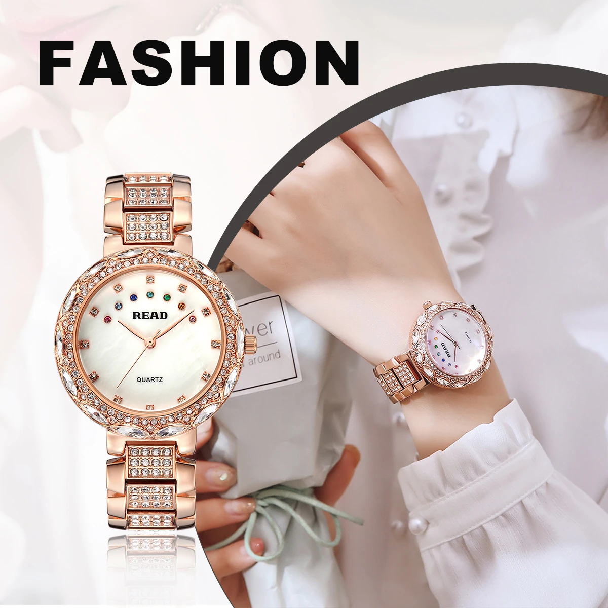 READ Women Quartz Watch | Rose Gold Rhinestone Bracelet | Shell Dial | 30M Water Resistant | Hard Glass Mirror