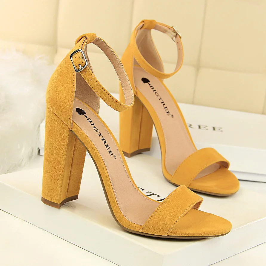 Summer Women 9.5cm High Heels Sandals Yellow Nude Purple Gladiator Square Block Heels Pumps Chunky Platform Bridal Grace 0509-1