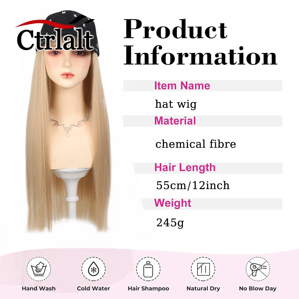 Long Straight Baseball Cap Wig Synthetic Fake Hair With Black Red Cap For Women Adjustable Hat Wig Attached Hair Baseball Cap