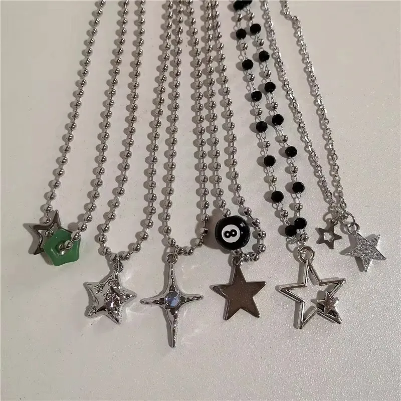 Kpop Vintage Punk Silber Farbe Stern Anhänger Perle Halskette für Männer Frauen Straße Hip Hop Ästhetischen Grunge Schmuck Y2K Zubehör – Detail 1
