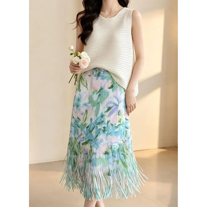 2026 New Miyake Pleated Women's Casual Skirt Style High-end Elegant Lazy Style High-end Fringed Skirt