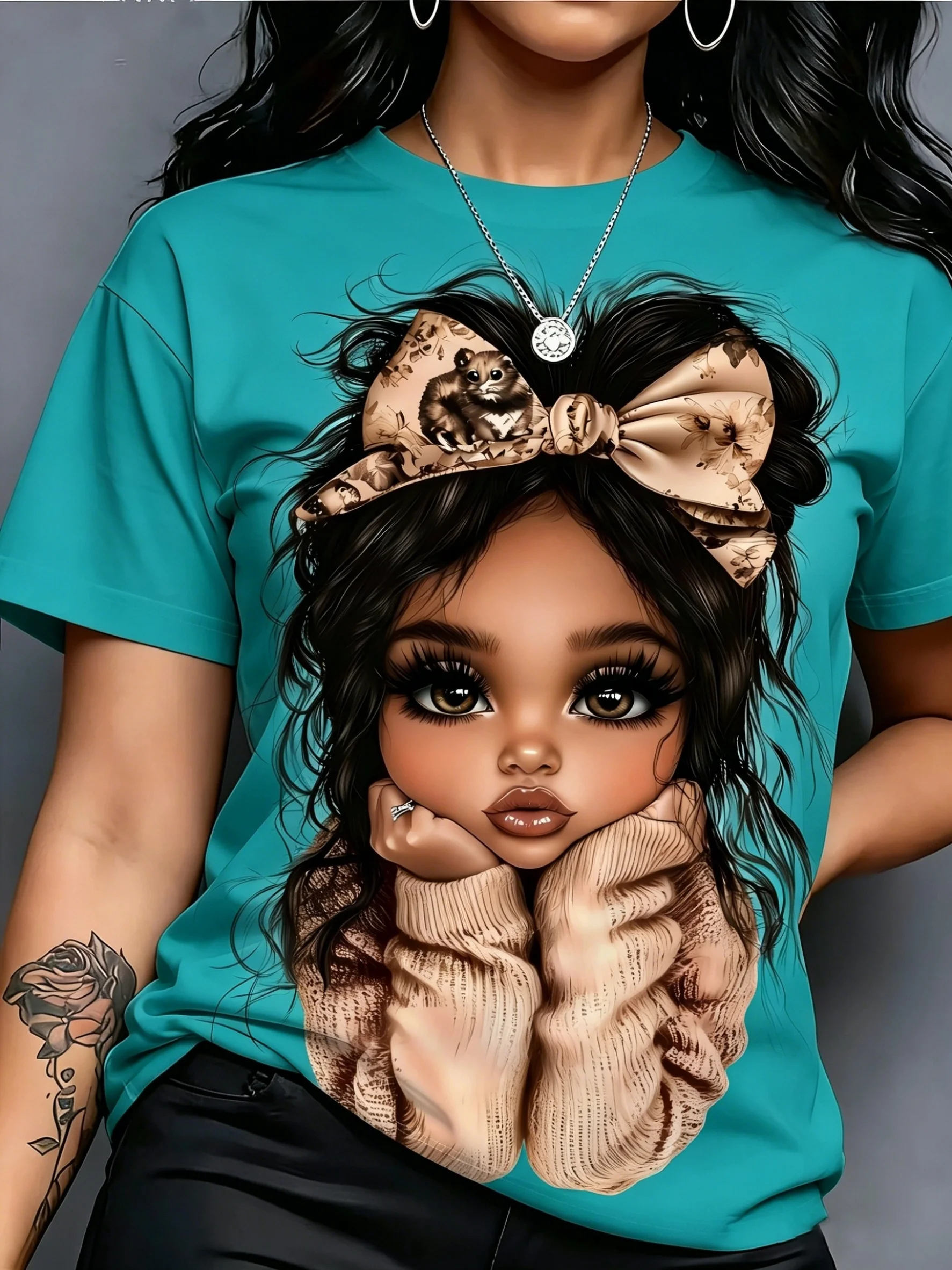 Women Fashion T‑Shirt Cute Bow Girl Art Portrait Print Short Sleeve Crew Neck Casual Summer Daily Tops