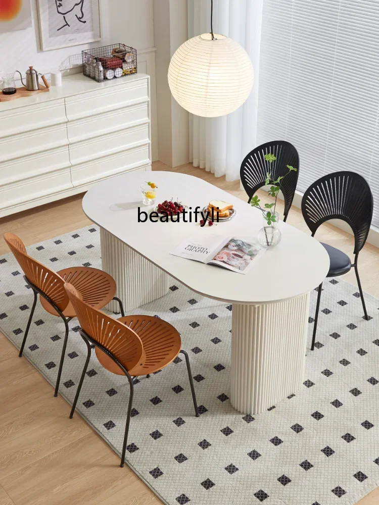 Rock Plate Dining Table and Chair Combination Cream Style  Light Luxury Oval Designer Dining Table Home Simple Small Apartment