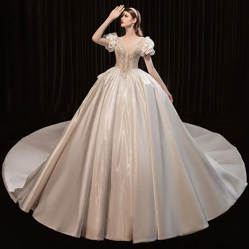 

White Satin Ball Gown Wedding Dress+Petticoat+Gloves Glitter Crystal Princess Bridal Gowns Court Train Church Robe De Mariée