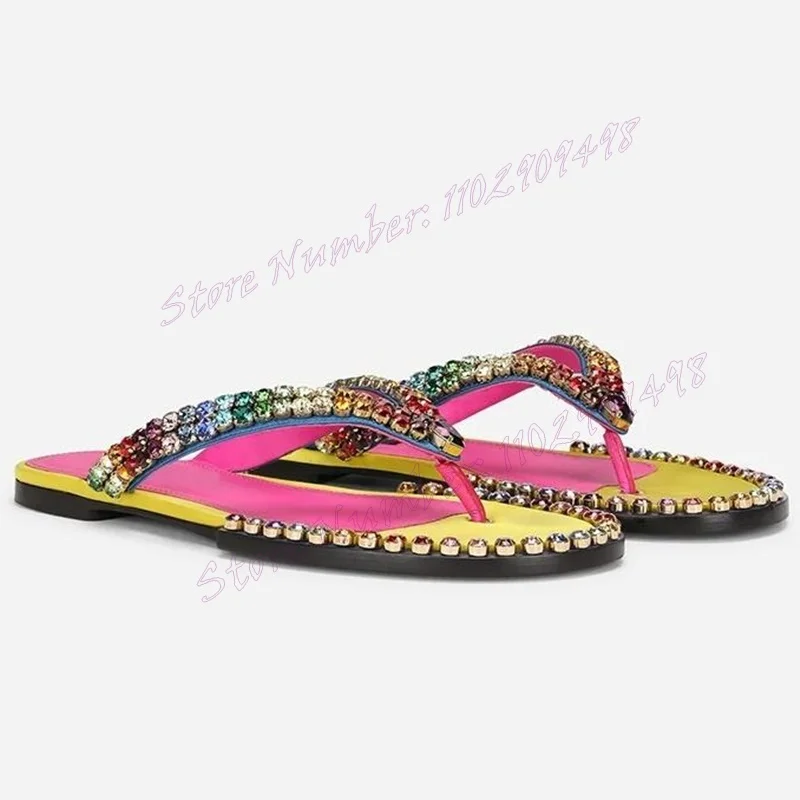 Colorful Crystal Decor Flip Flops Round Toe Slippers for Women Cut Heels Summer Casual Luxury Shoes 2024 Zapatos Para Mujere