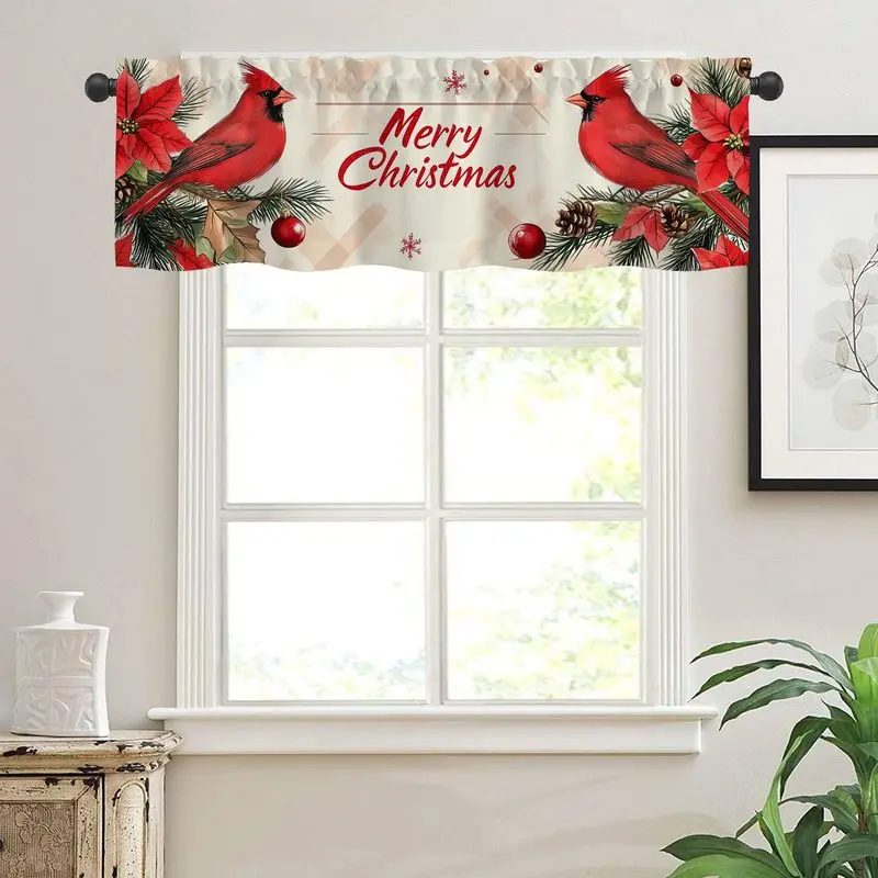 VIKAMA Beige Plaid Red Cardinal Bird Poinsettia Holiday Greetings Christmas Short Window Curtain Rustic Country Home Decor Soft