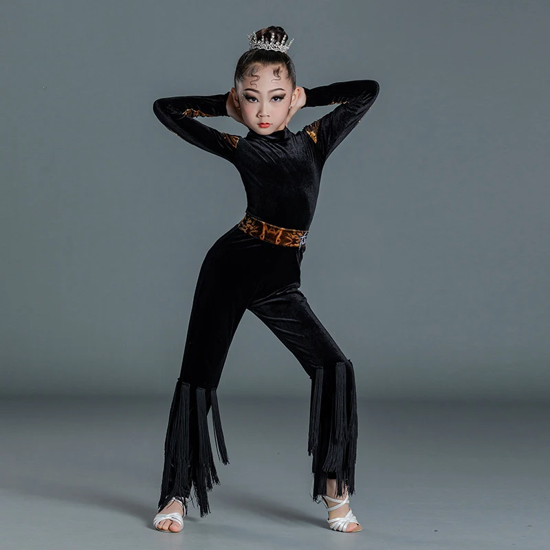 Winter Kids Latin Dance Clothes Girls Black Velvet Tops Tassels Pants Suit Cha Cha Dance Practice Clothing Training Wear BL13825