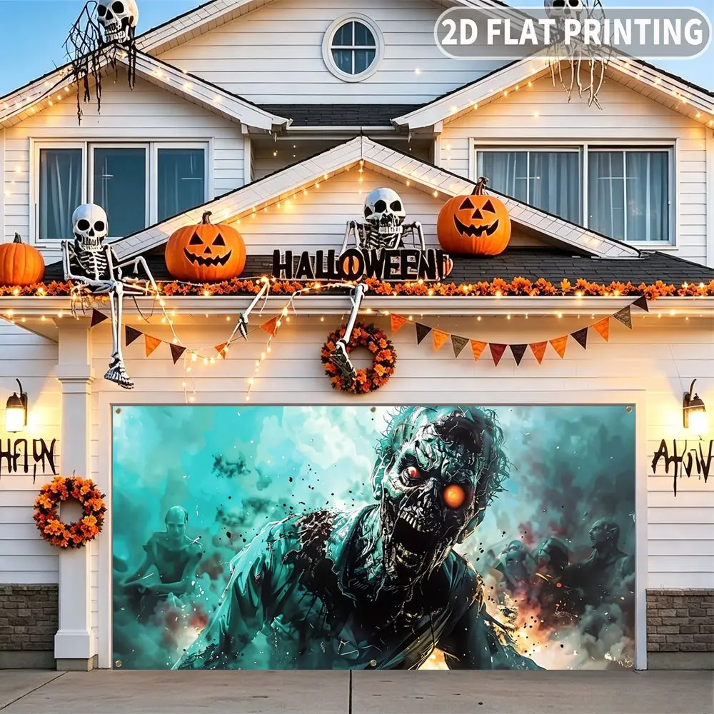 1pc 2D FLAT Halloween Party Garage Banner, Zombie Horror Scene Art Print Pattern, No Power Need, for Garage Door Decor