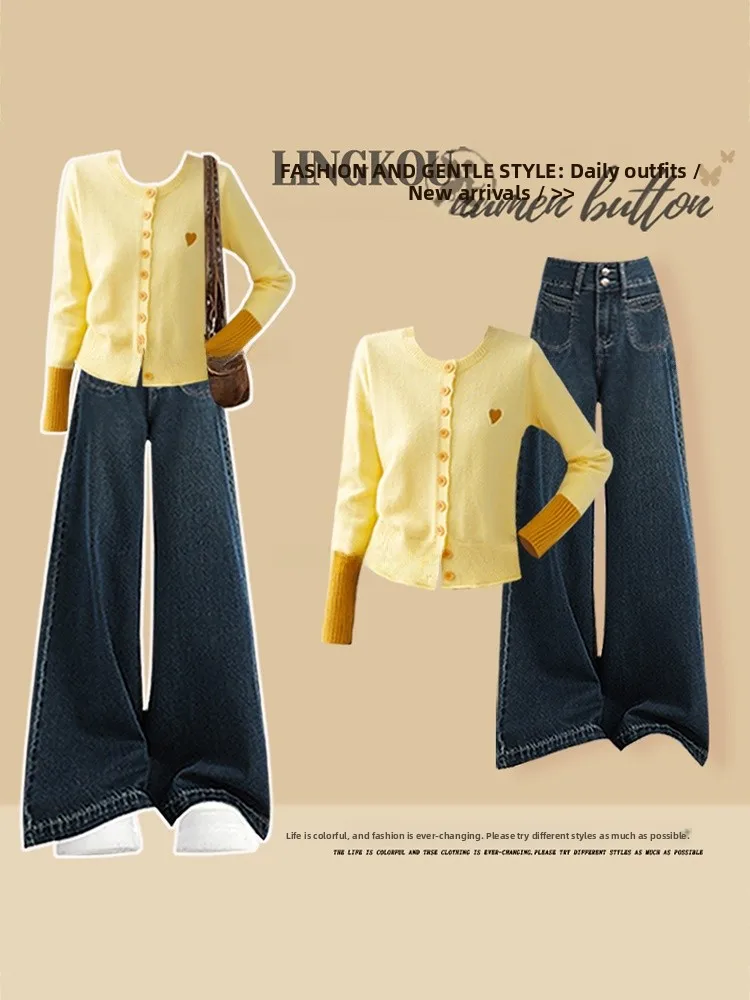 

Large Size Knitted Knit Cardigan And Jeans Women's Autumn Fashion Set Casual Slimming High Waist Long Sleeve round Neck Two P...