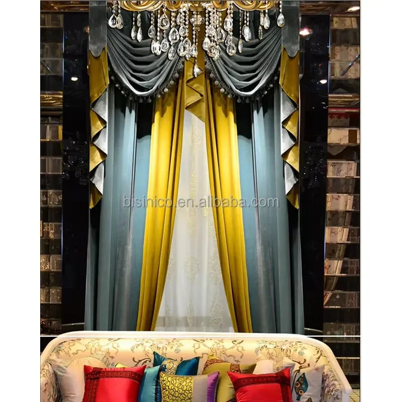 Italian Style Window Curtain, Blue and Gold Sheer Valance Living Room Curtains, Royal Home Curtain