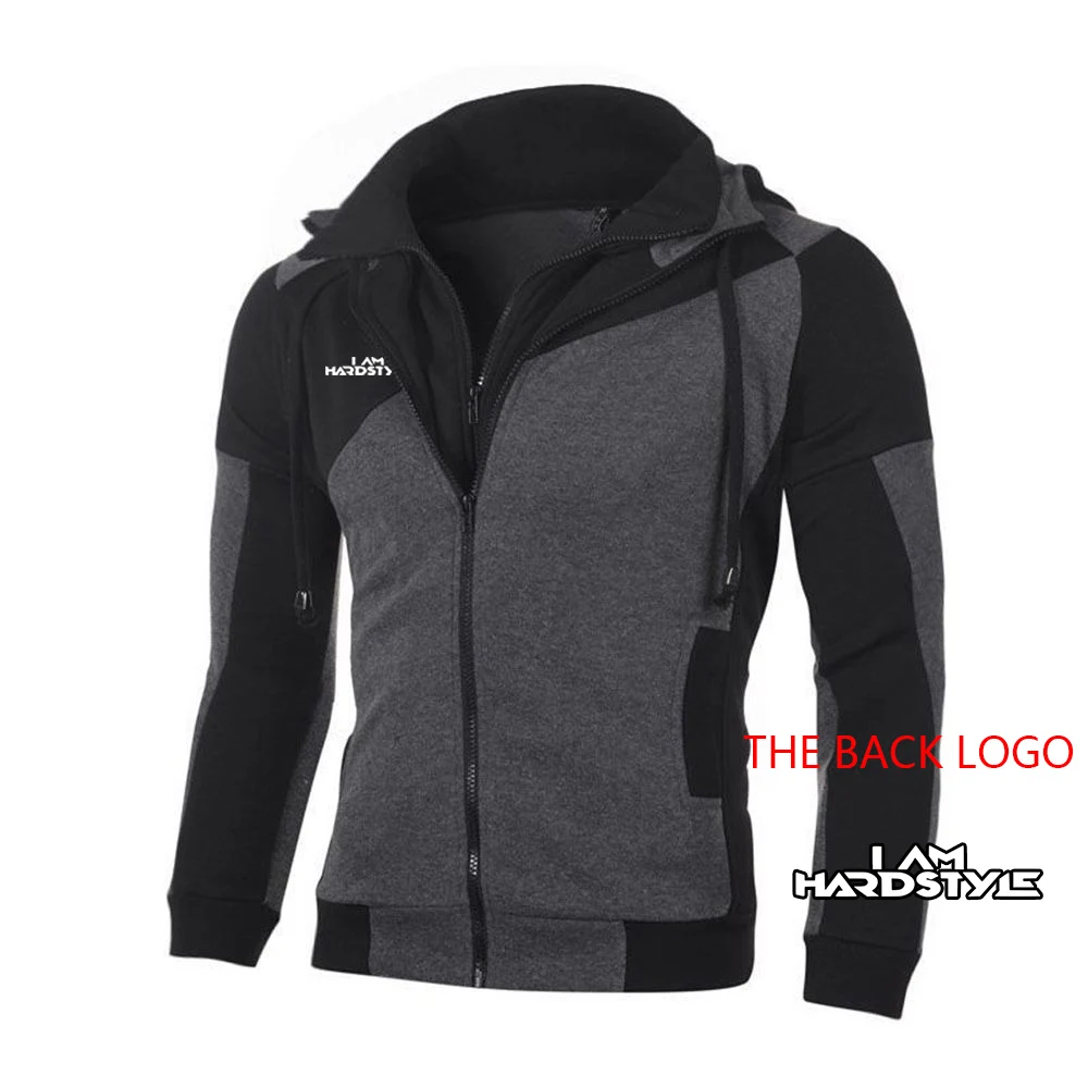 2024 Spring Autumn Men\'s I Am Hardstyle Logo Printing Popular High Street Hooded Double Zipper Casual Splicing Cotton Sweatshirt