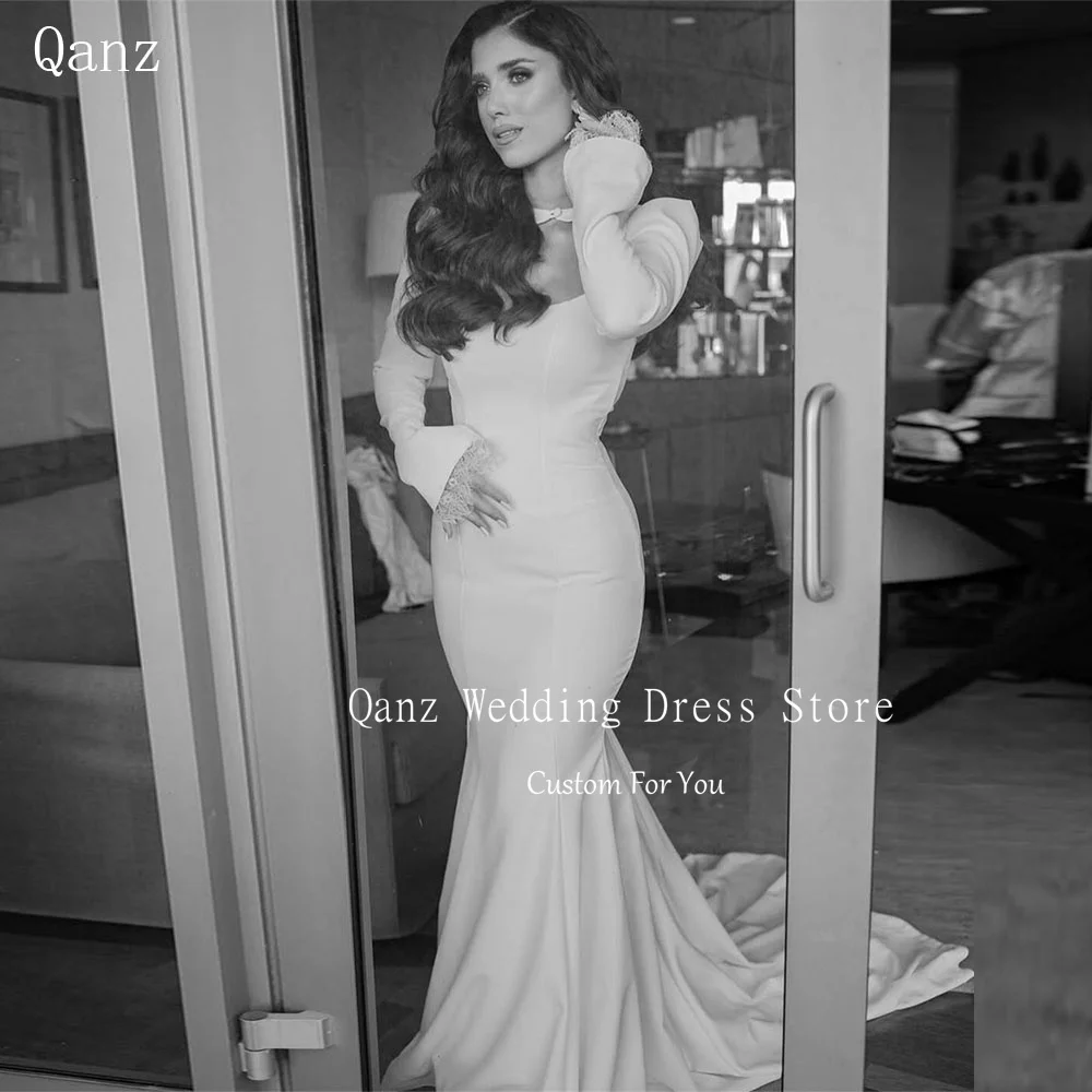 

Qanz White Satin Robe De Mariée Long Sleeves Mermaid Sweep Train Lace Wedding Dress Corset Back Vestidos Para Mujer Customized