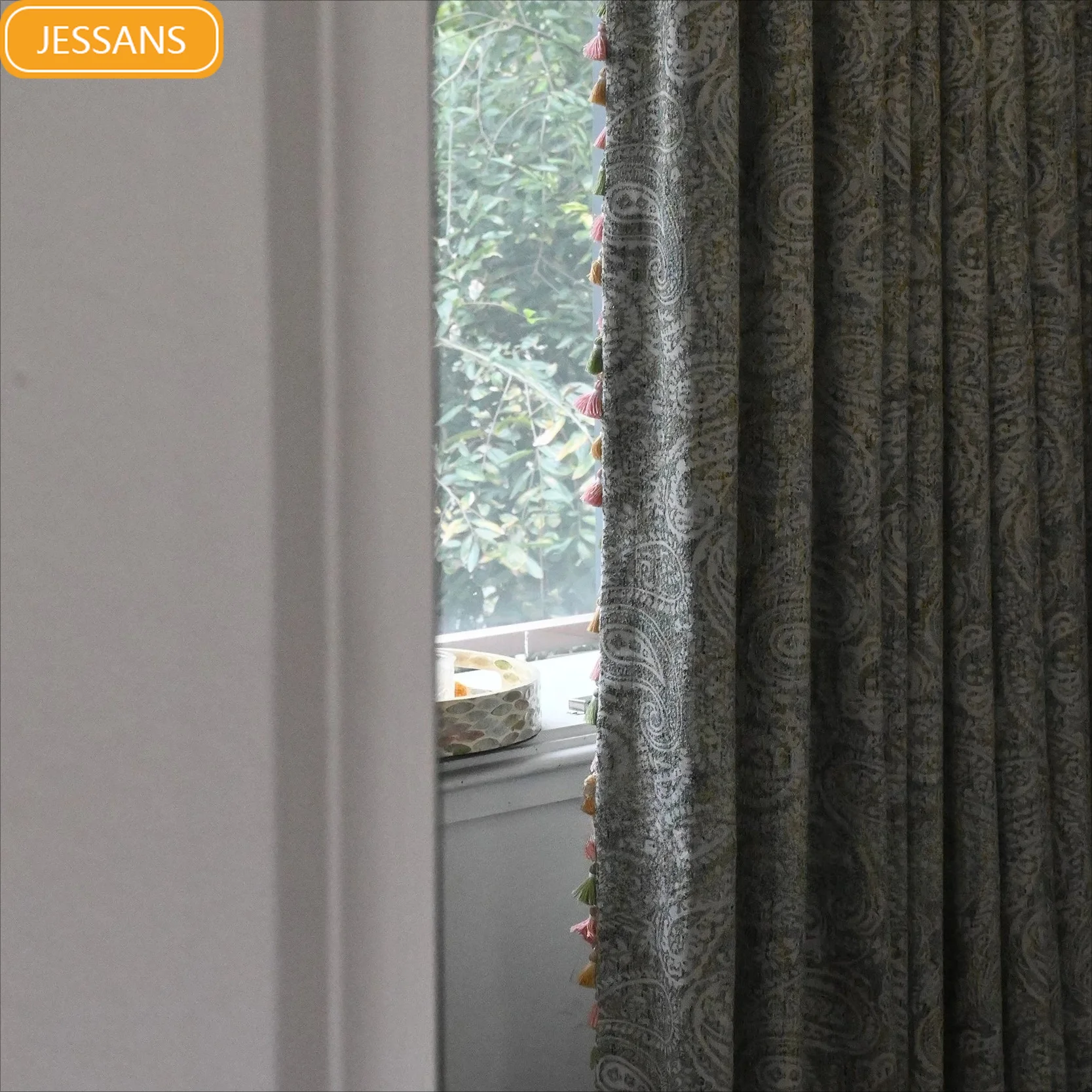 Vintage Paisley Green Jacquard Thickened Blackout Curtains for Living Room Bedroom French Window Partition Curtain Balcony