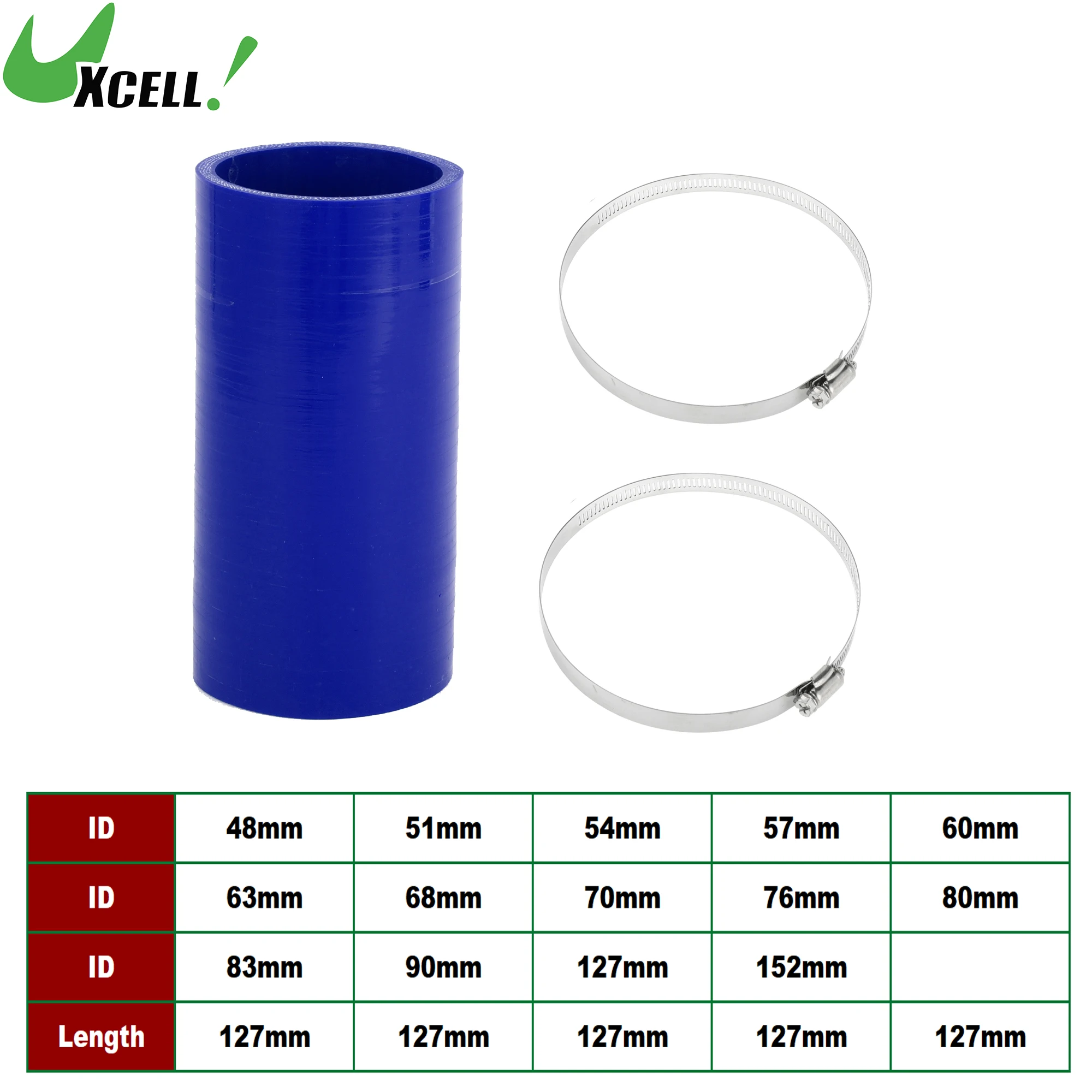 UXCELL 48/51/54/57/60/63/68/70/76/80/83/90/127/152mm ID 127mm Long 0 Degree Car Silicone Coolant Hose w/ Clamps Blue