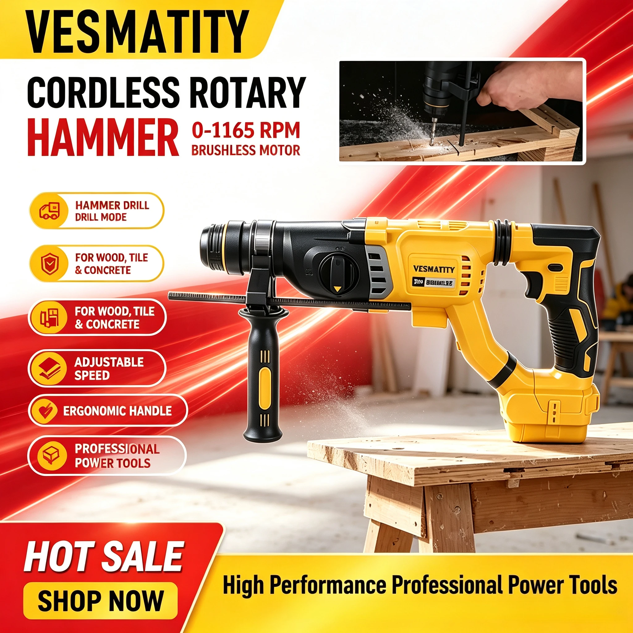 2026 NEW Cordless SDS Rotary Hammer 3-Mode Concrete Wall Metal Wood Drill D-Handle Hot Sale Tool For Lithium-ion battery