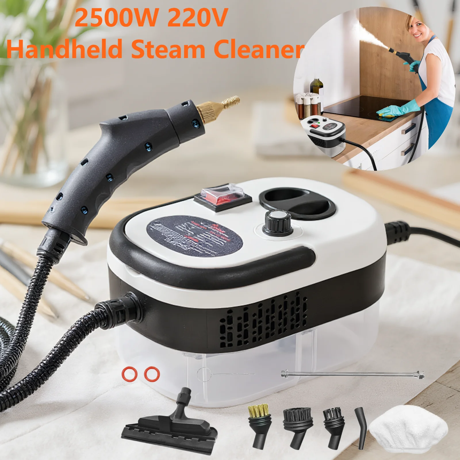 

Пароочиститель ручной 2500 Вт, 220 В, с насадками-щетками, портативный, для дома, высокотемпературный, для чистки мебели и автомобилей