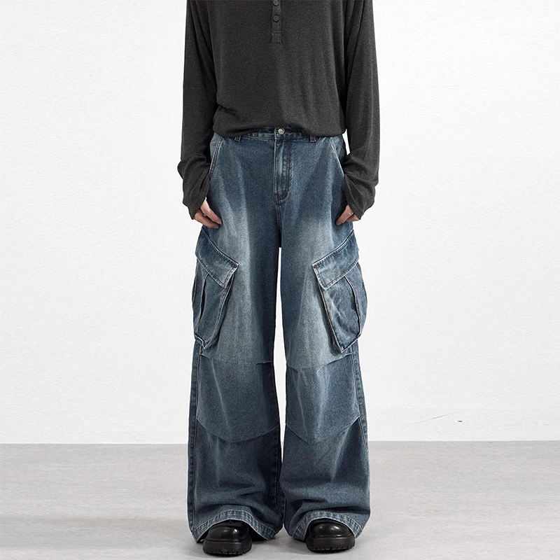 2025 autumn street multi pocket workwear unisex jeans for men and women fashion Y2K trend loose wide leg pants