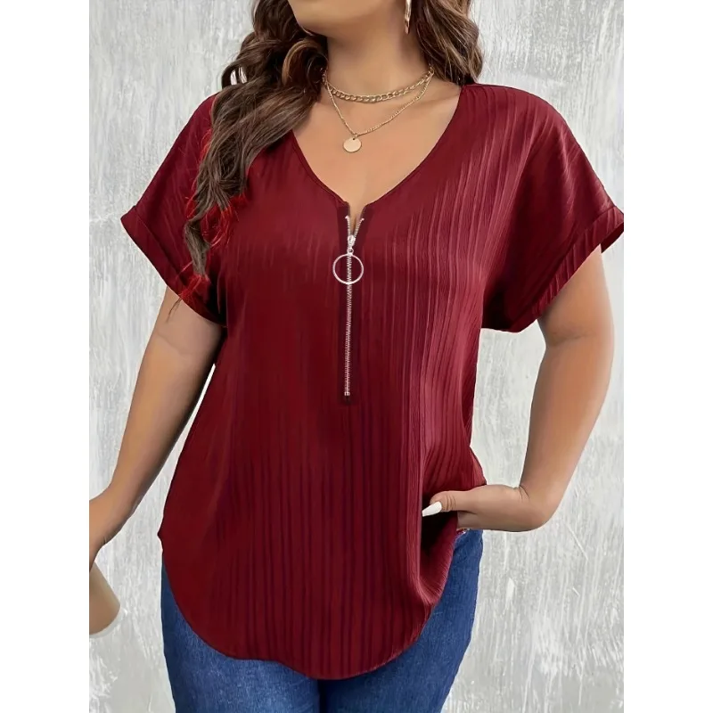 Plus Size 1XL-8XL Women\'s Casual Simple Solid Color T-shirt Tops Ladies Fashionable V-neck Short Sleeved Zippered T-shirt