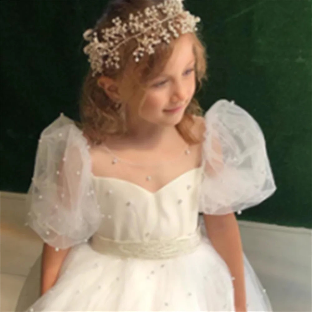 

First Communion Dresses Half-sleeved Tulle Lace Beaded Princess Dress Flower Girl Bridesmaid Wedding Party Dream Kids Gift