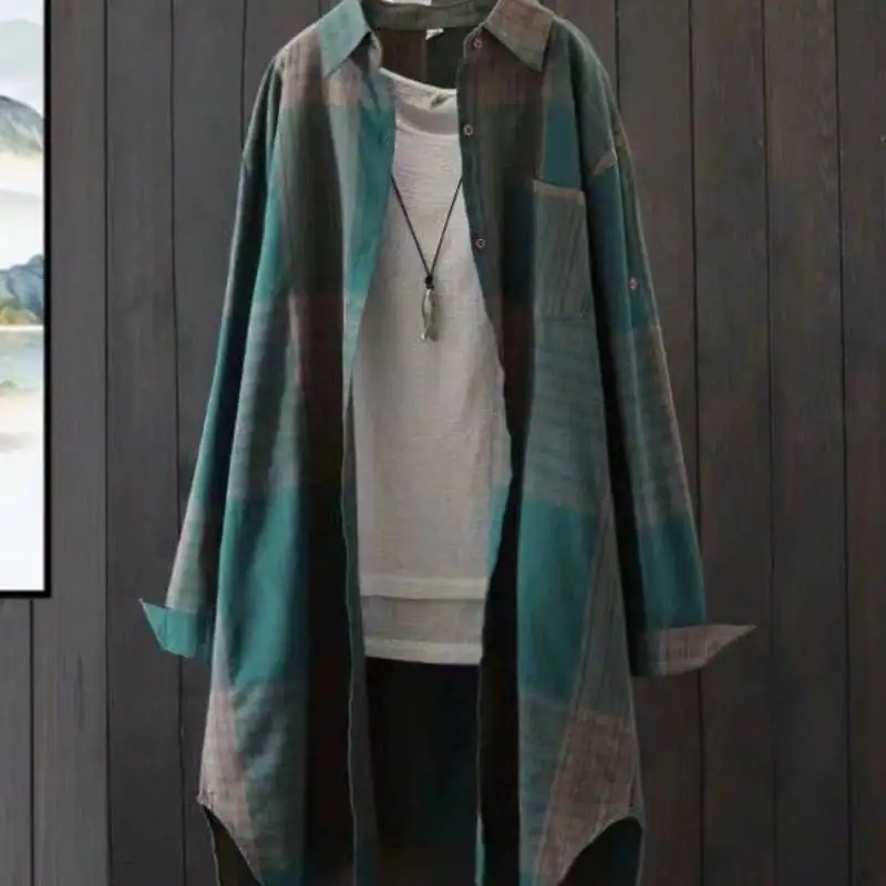 

2025 Plus Size Casual Retro Midi Women's Striped Plaid Loose Long Sleeve Fashionable Sun Protection Shirt