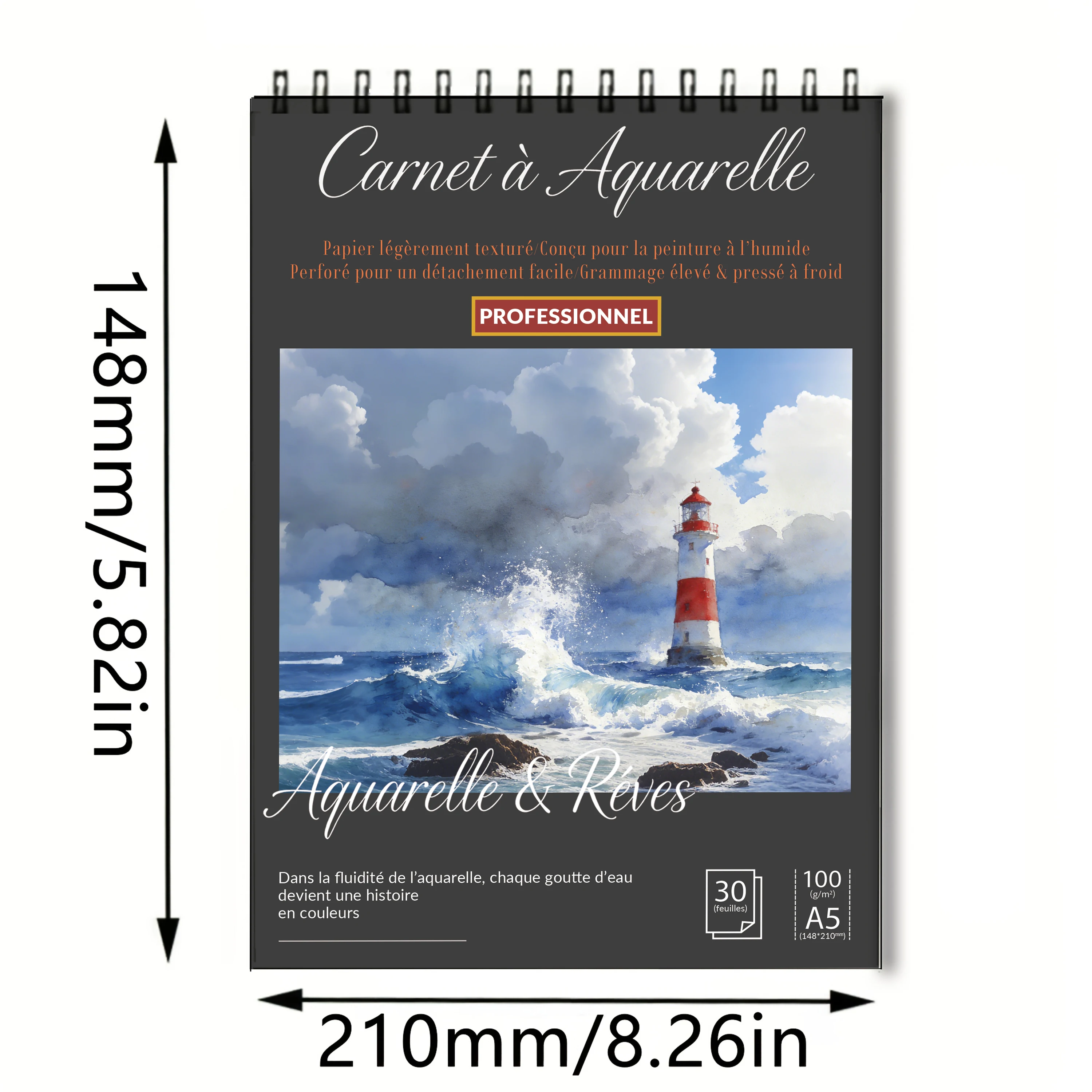 Spiral Bound Art Sketch Book A5, Black Hardcover Coastal Lighthouse Print, 100 GSM Acid-Free Pad – For Artists & Students, Back