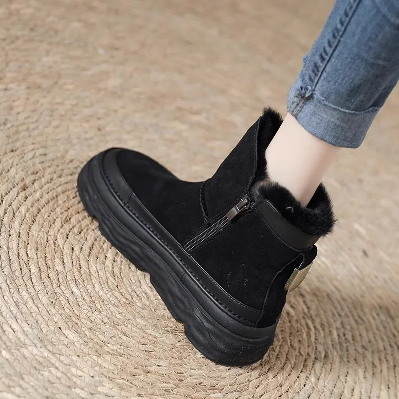 

2024 Hot Sales Women's Winter Cotton-on-snow Shoes with Fleece and Thick-soled Fur Frosted Leather Warm Ankle Boots Women