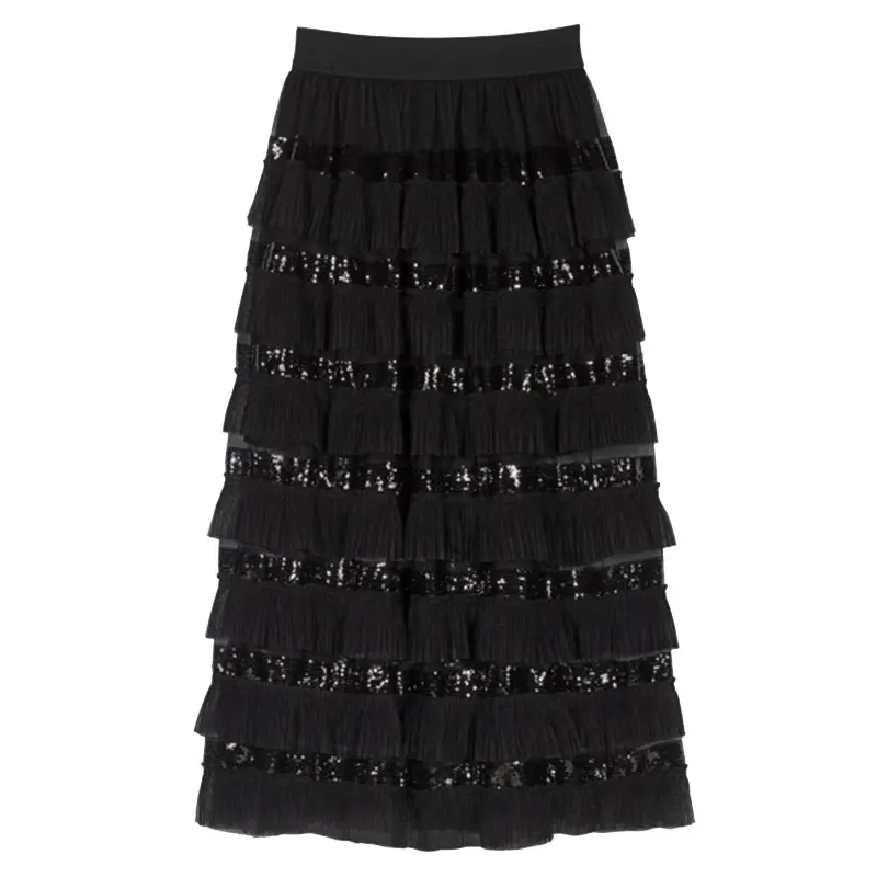 

Модная черная юбка-кейк для женщин, длинная юбка с высокой талией из полиэстера, однотонная, А-силуэт, для повседневной носки