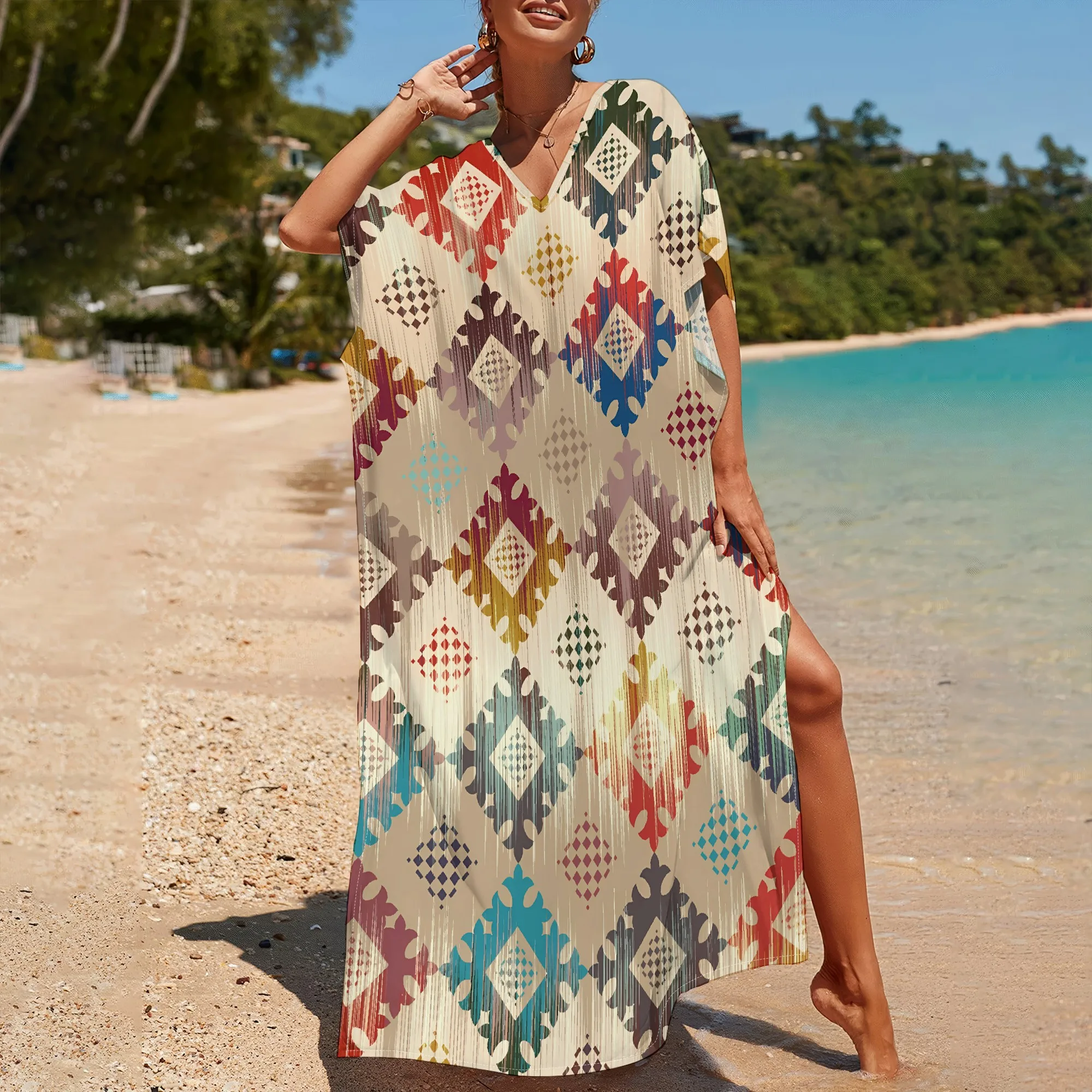 

Nupusa Ethnic Geometric Print Kaftan Dress for Women Summer Casual V - Neck Batwing Sleeve Maxi Dress