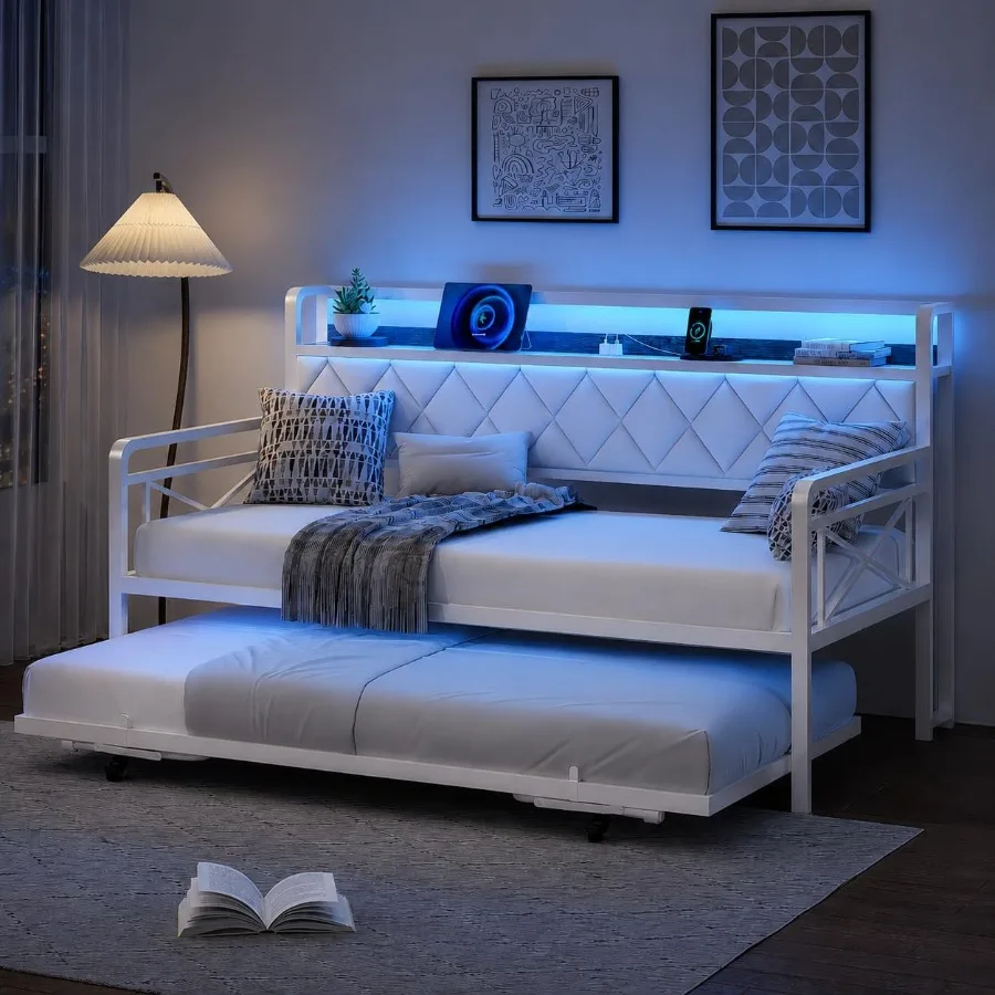 Daybed with Pop Up Trundle, LED Light and Charing Station, White