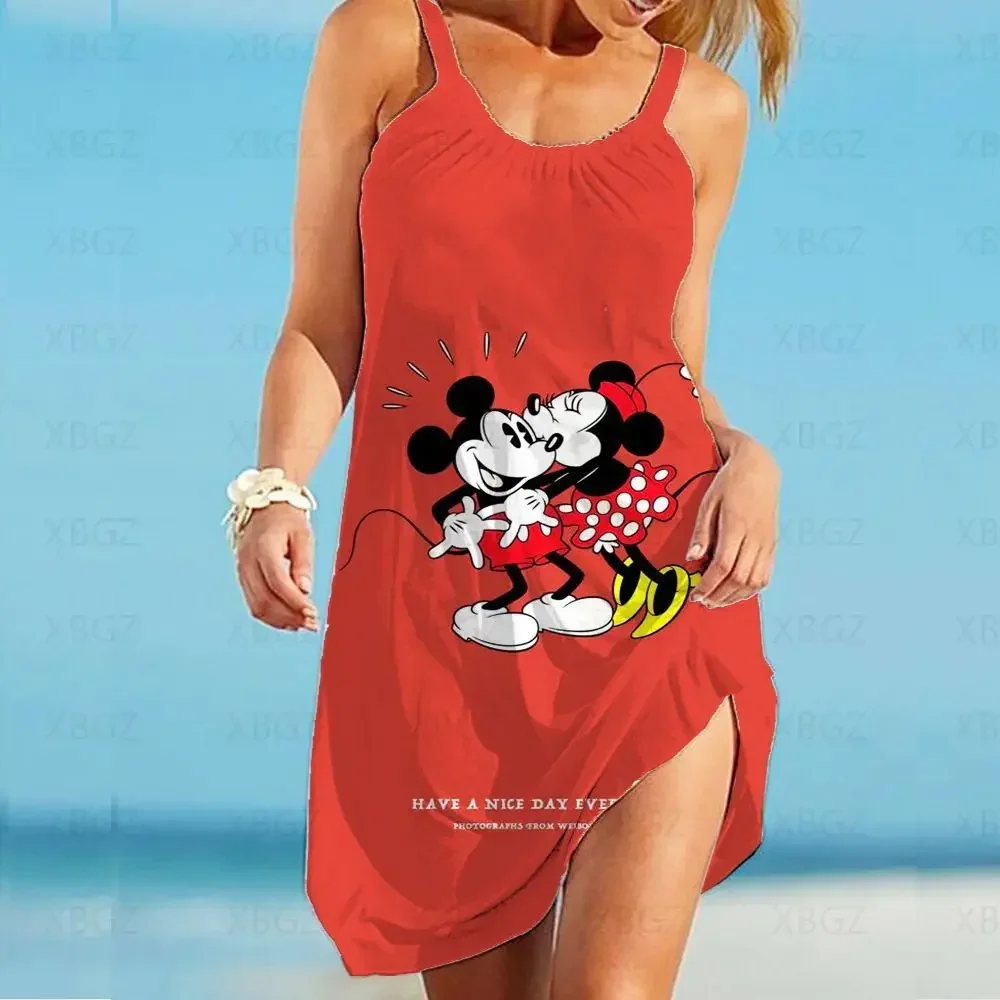 Summer Dresses Woman 2024 Disney Plus Robe Loose Sexy Dress Minnie Mouse Women\'s Boho Sling Top Cartoon Beach Print Fashion