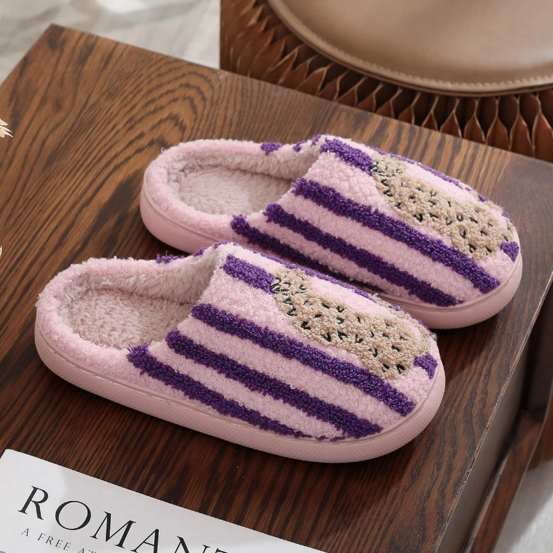 Striped Style Cute Cartoon Indoor Cotton Slippers For Women Men Warm House Shoes Soft Plush Anti-slip Lovers Home Floor Slides