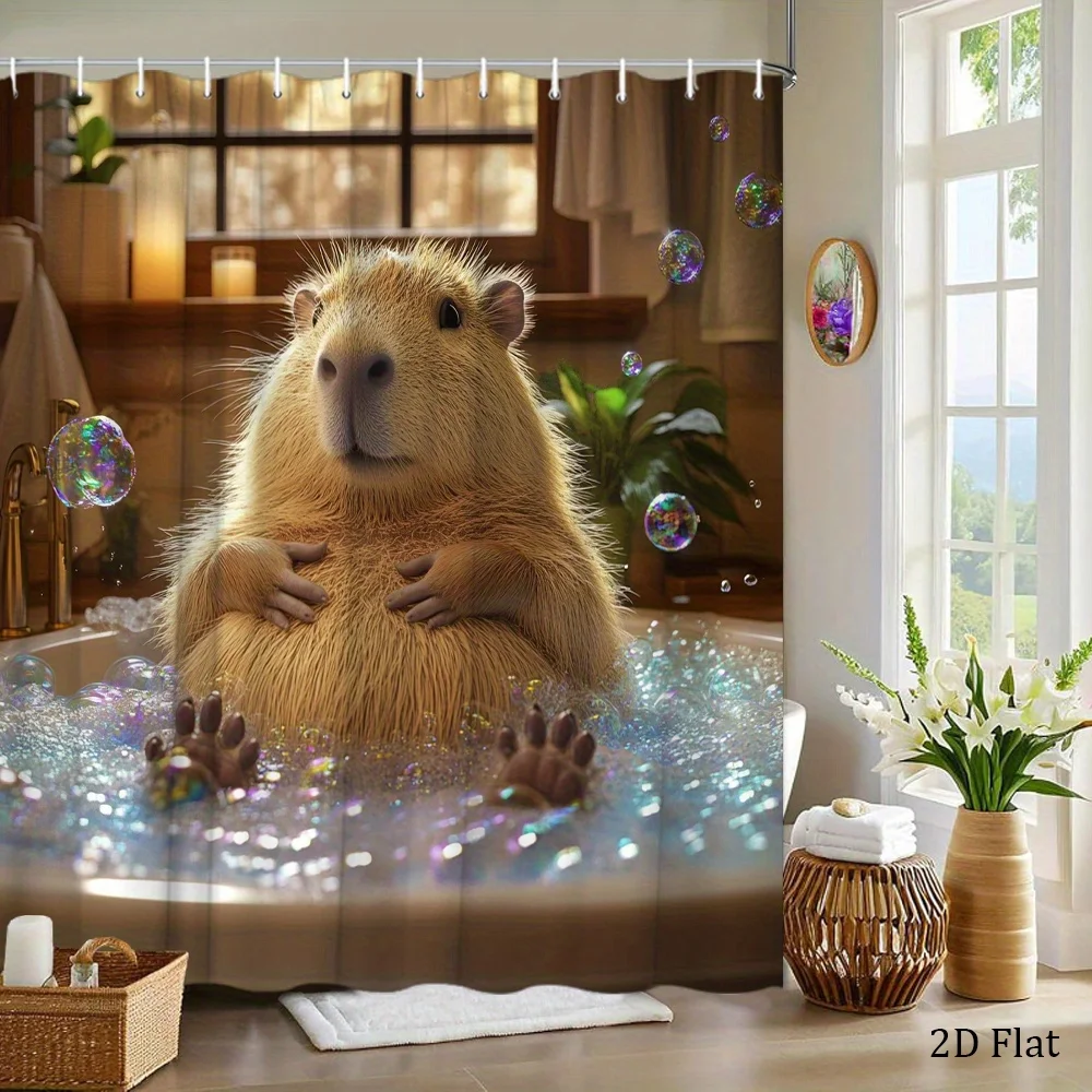 1pc a Cute Capybara Shower Curtain Featuring a Hyper-Realistic Image of a Capybara Relaxing in a Bubble Bath, with a Gentle Expr