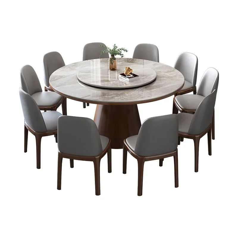

Simple light luxury small apartment with induction cooker bright rock slab dining table with turntable round table combination