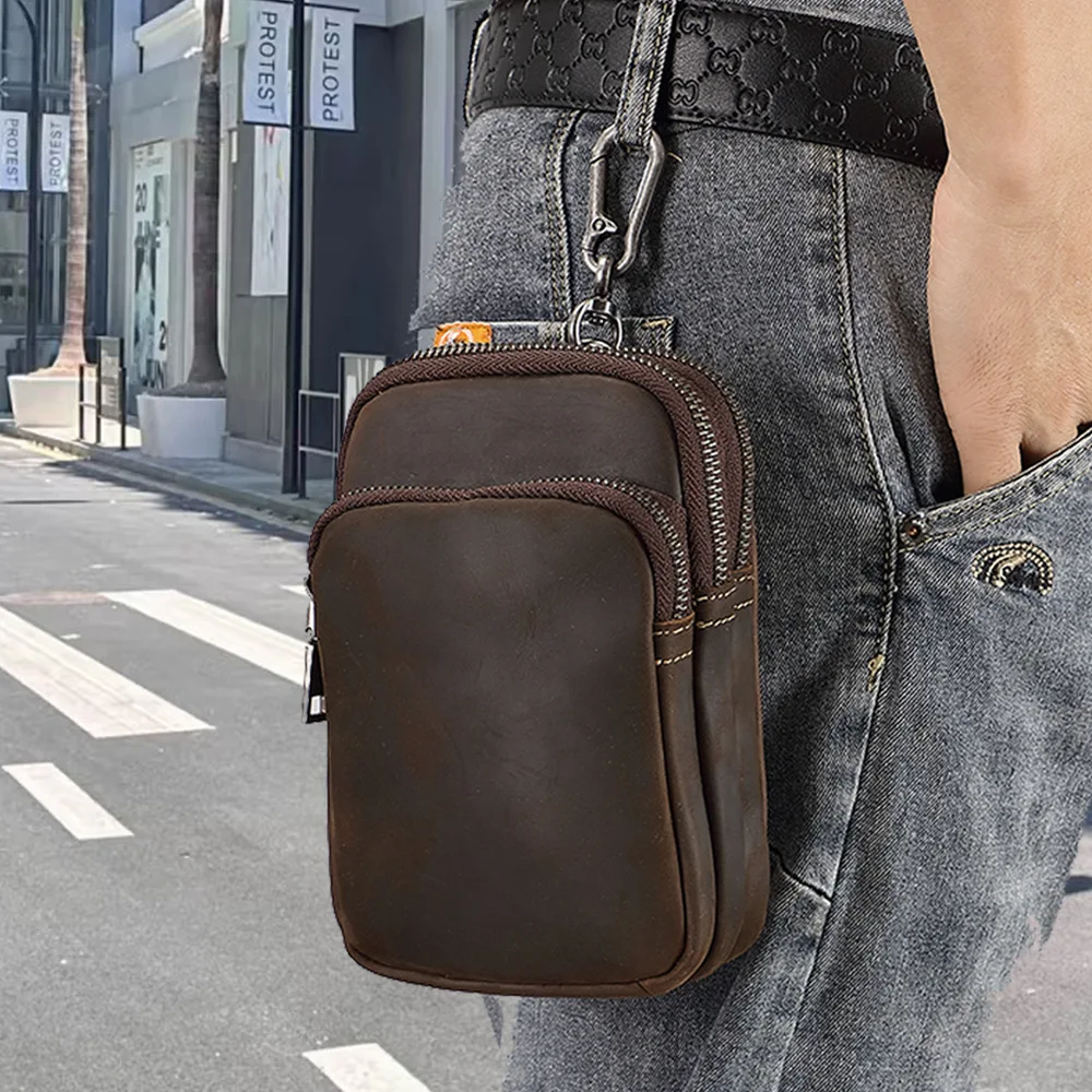 Genuine leather mobile phone waist bag, men wear belt, wear-resistant cowhide, multi-zipper, large-capacity waist strap
