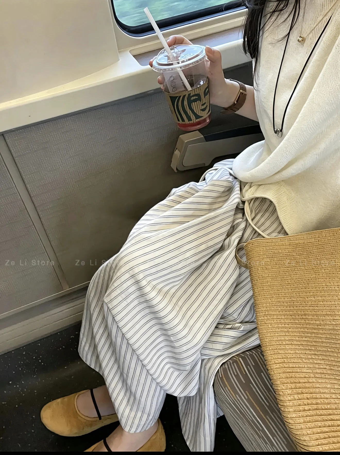 Elastic Waist Skirt Korean Style Lazy Style Cotton Vertical Stripes Drawstring Spring and Summer Beige Gray Blue Stripes