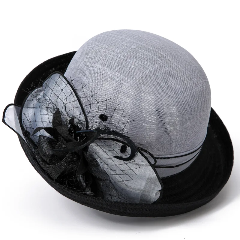 Hat Female Summer Linen British Retro Hepburn Fashion Cap Elegant French Fashion Mother Curling Flower Bowler Hat