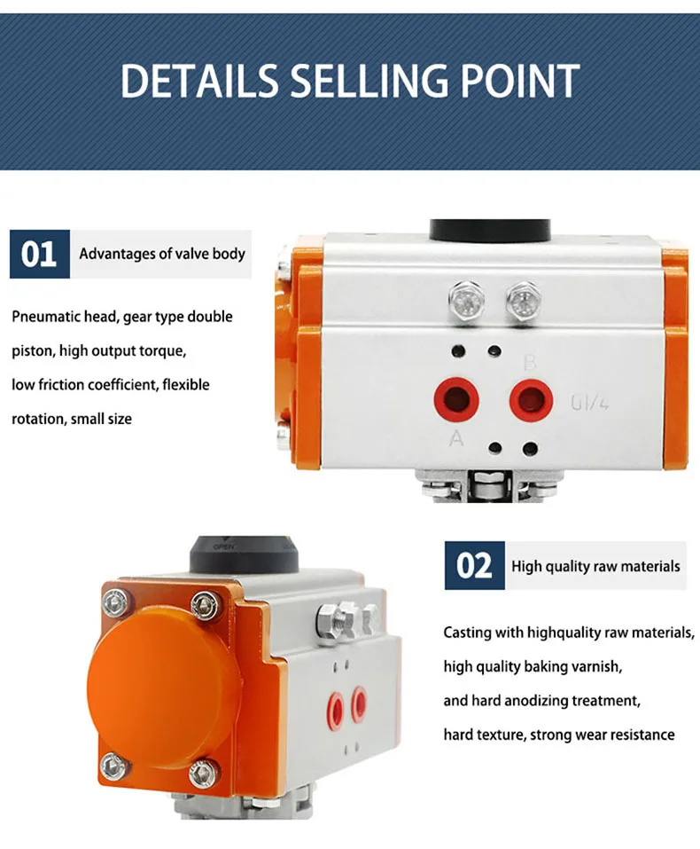 Detalhe 3 de Válvula solenoide Two Piece High Platform Pneumatic Ball Valve DN15-DN50 Stainless Steel Pneumatic Ball Valve Q614F-16P Double Acting Cylinder Pneumática