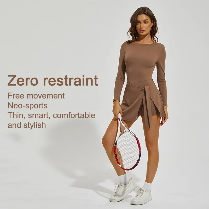 

Women Long Sleeve Tennis Suit Fake Two Piece Anti-Exposure Long Length Tennis Skirt Female Badminton Fitness Sports 2 Piece Set