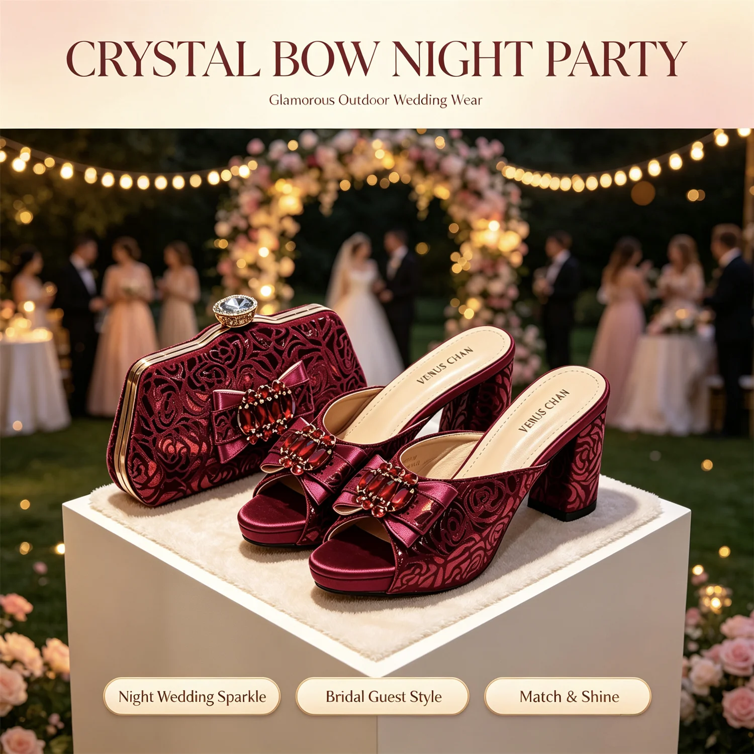 Conjunto de zapatos y bolso de mujer con encaje de satén morado de lujo, tacón de bloque con lazo de pedrería, sandalias abiertas, para bodas, fiestas y eventos nocturnos.
