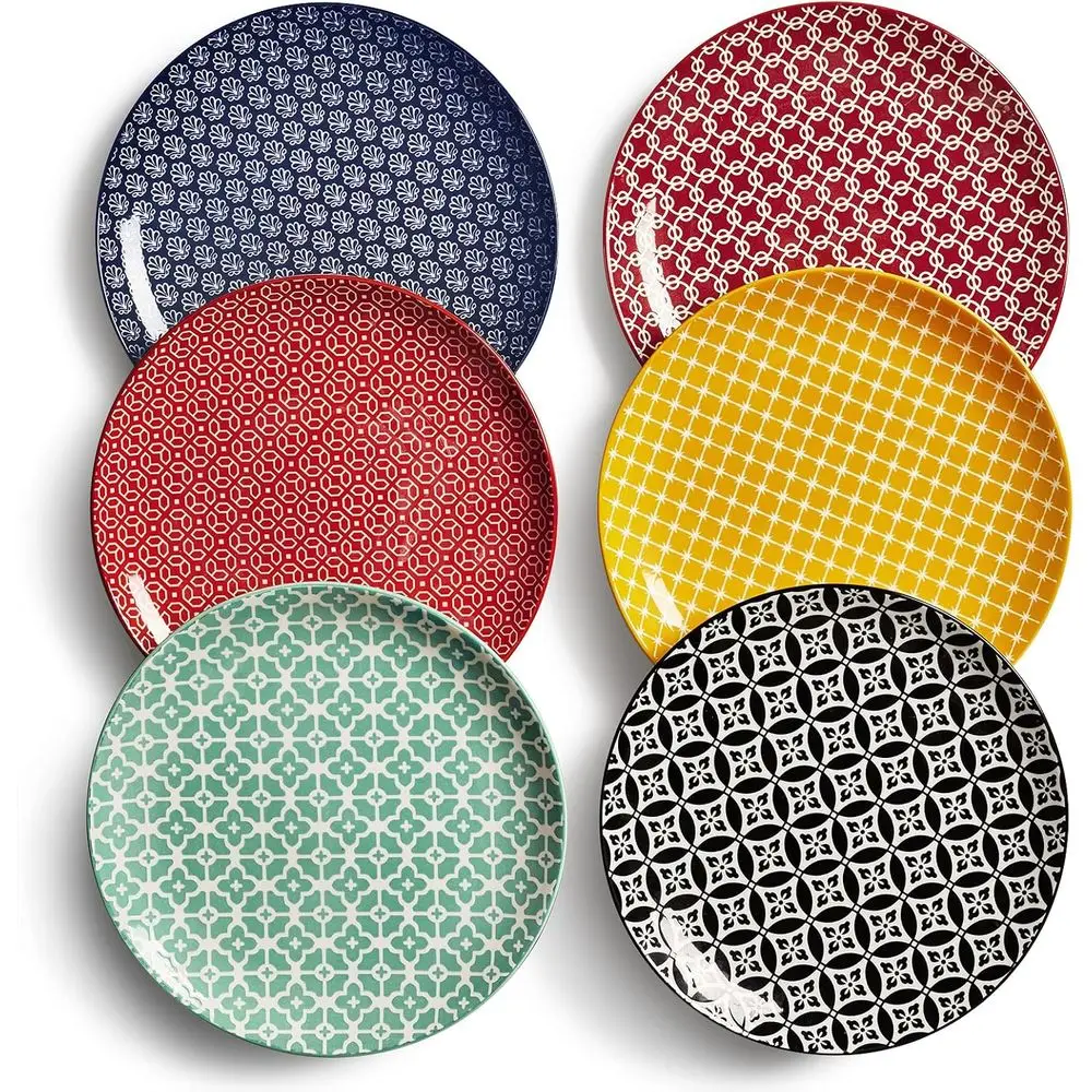 

8.5" Salad Plates Set of 6, Ceramic Dessert Plate for Appetizer, Sushi, Microwave, Oven & Dishwasher Safe, Colorful Design Perfe