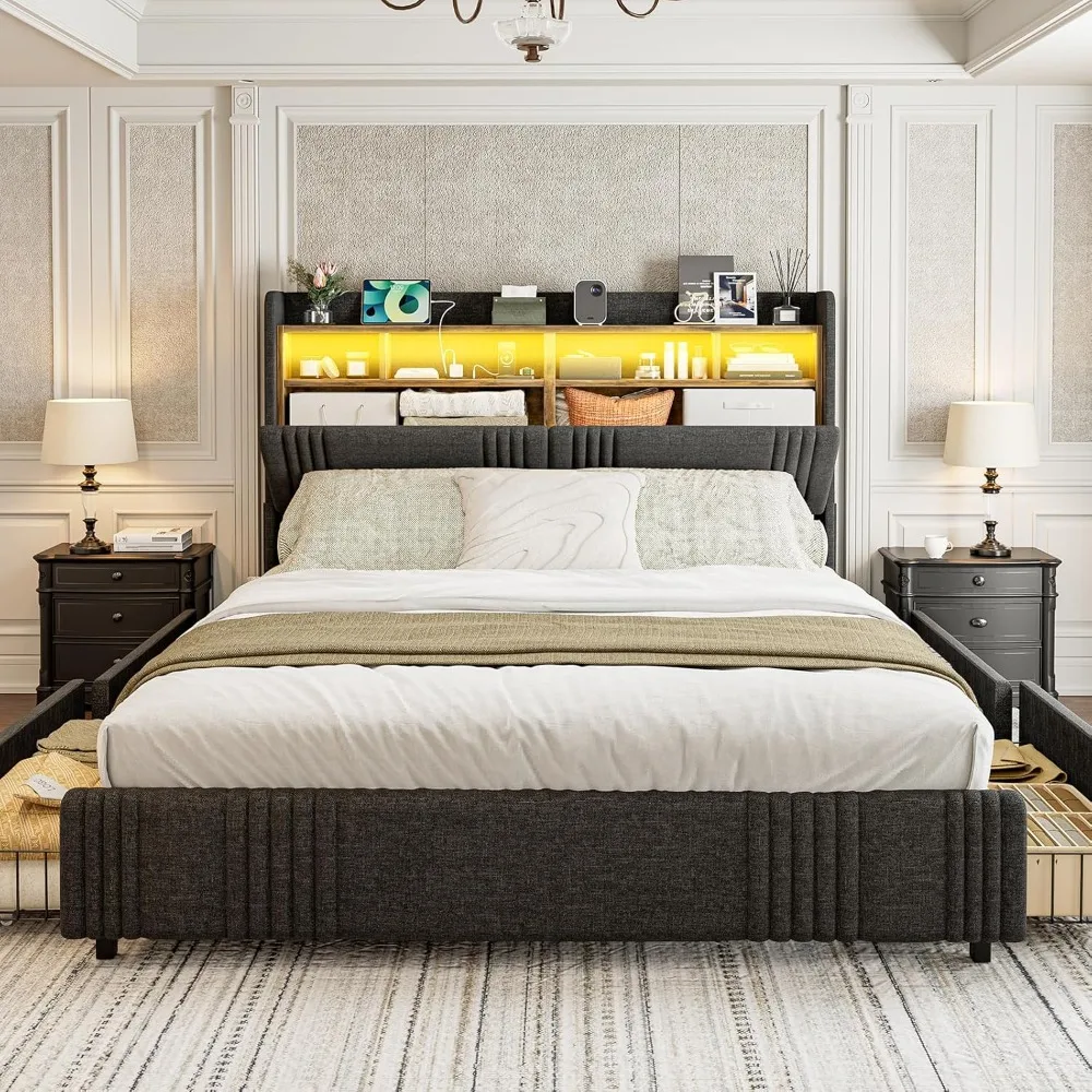

California King Bed Frames with Hidden Storage Headboard & 4 Drawers, 49.2” Tall Upholstered Wingback Headboard with LED Lights