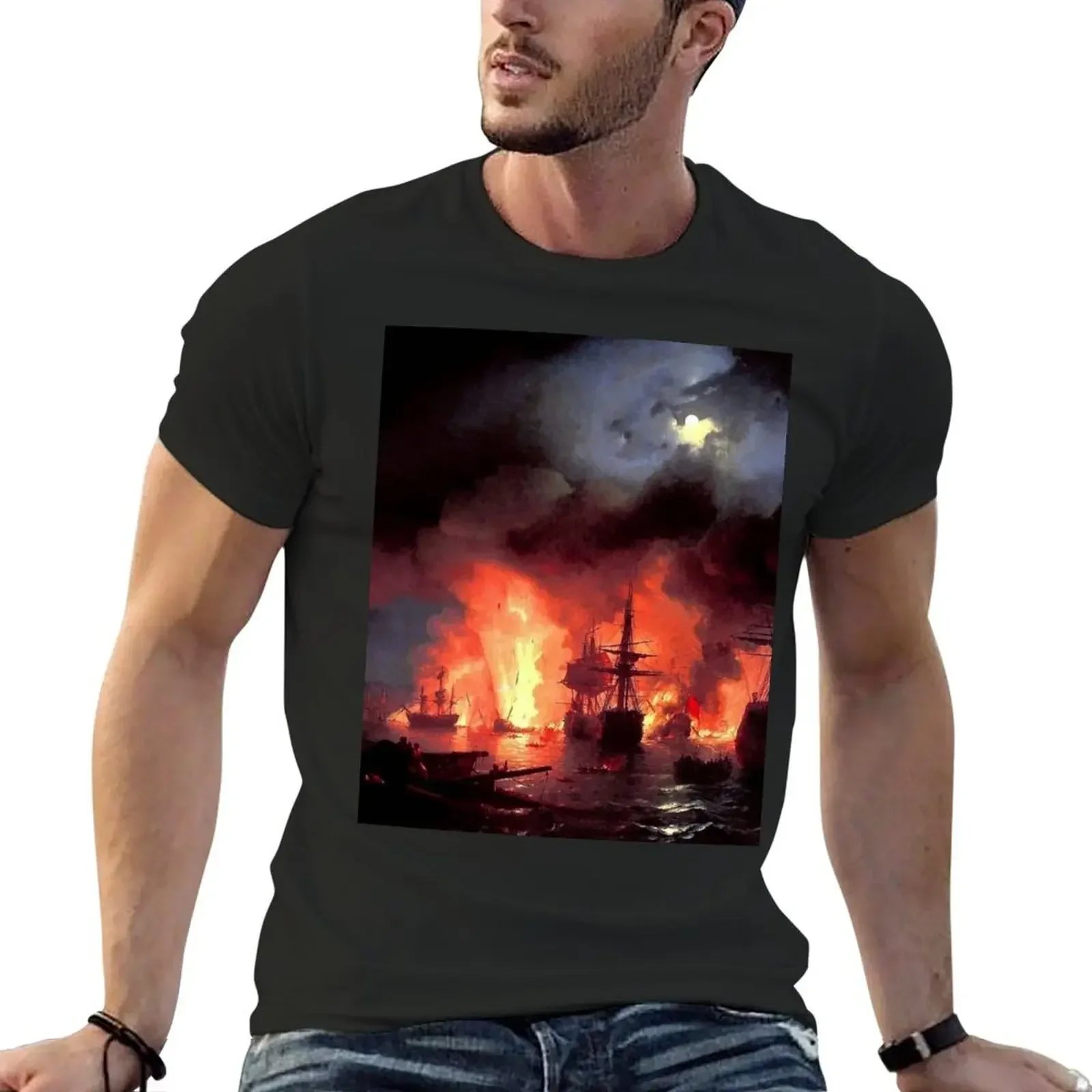 Battle of Chesme at Night, 1848. Painted by Ivan Aivazovsky T-Shirt man clothes anime tshirt plain t shirts men