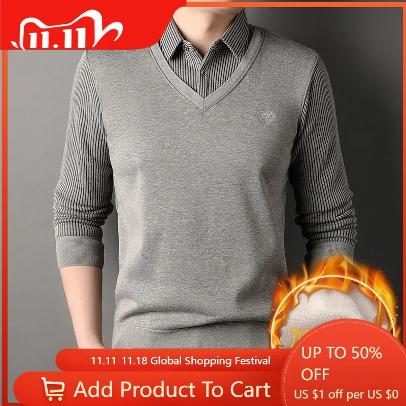 New Autumn Men Twinset Shirts Knitted Sweaters Outwear Casual Pullovers Quality Male Winter Fleece Warm Fake Two P Sweaters 4XL