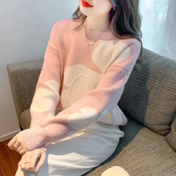 Korean Sweet Autumn/Winter Women's Sweaters O-Neck Jacquard WeaveContrast Color Chic Loose Long Sleeve Pullovers Knitted Tops