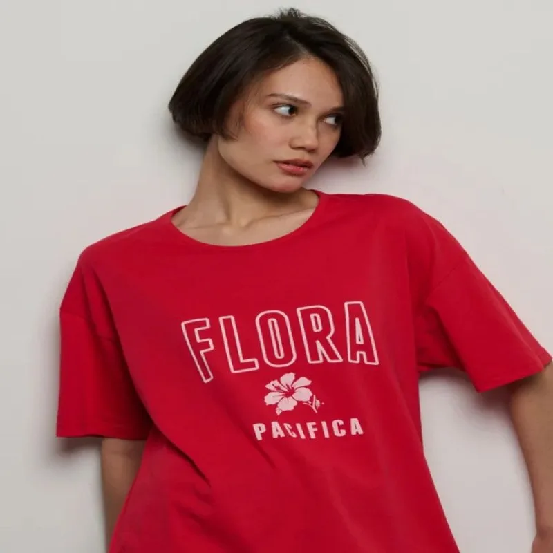 

100% Pure Cotton Comfortable Summer Red T-shirts Chic Design Flora Unique Printed Simple Loose Elegant Tops Street Fashion Lady