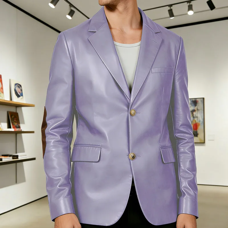 

Vintage Men's PU Leather Blazer Notched Lapel 2 Button Jacket with Elbow Patches Design Business Casual Formal Luxury Coat
